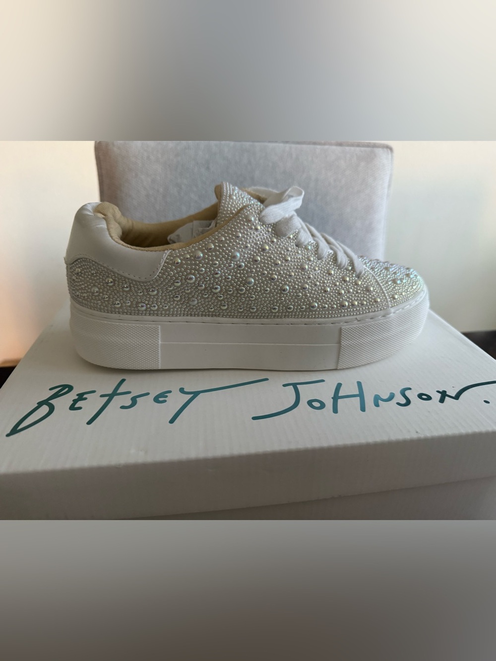 Betsey Johnson White Pearl & Crystal Platform Sneaker